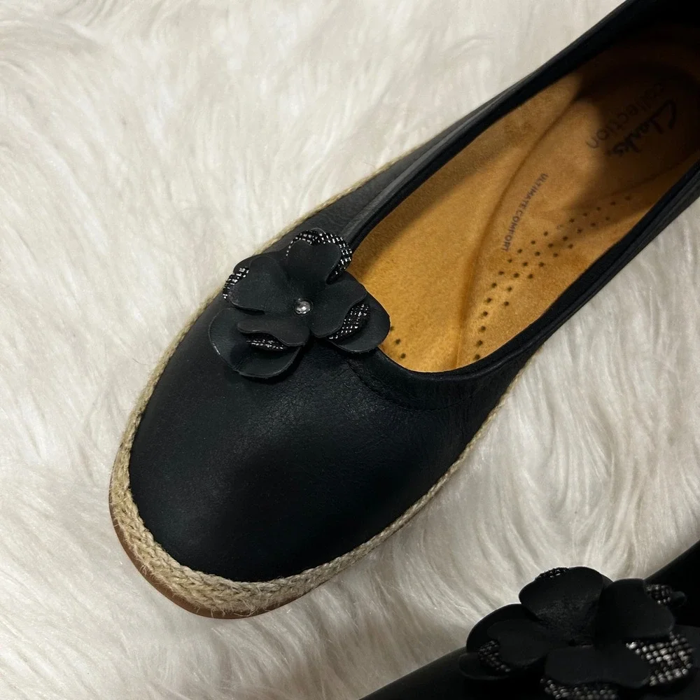 Clarks Collection Black Elaina Jade Black Leather Flats Flower Detail Women's 10